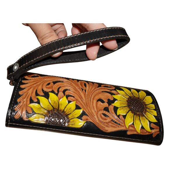 Hand Tooled Leather Sunflower Wallet Wristlet Black Brown Floral Western Boho - Picture 7 of 14
